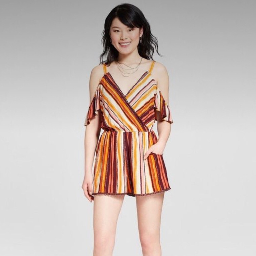 XHILARATION Romper Striped Cold Shoulder with Pom-Pom Trim & Pockets Sz S